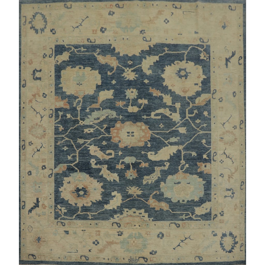 Hand Knotted Oriental 100% Wool Carpet Transitional All-Over Navy Blue & Blues Oushak Area Rug - 9' 9'' X 9' 5''