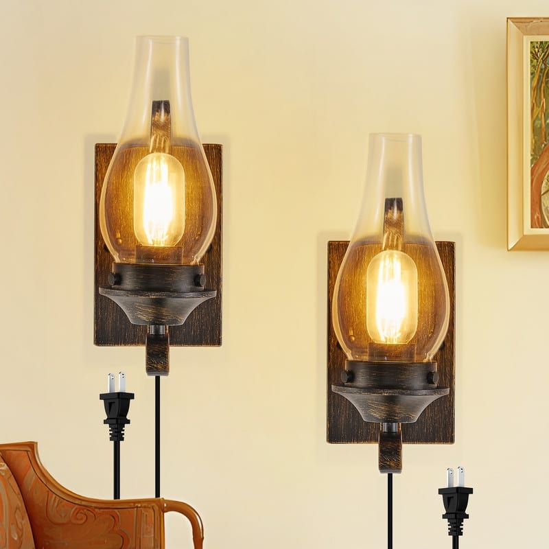 Vintage Plug-in Wall Sconces Set of 2 Rustic Farmhouse Lights for Bedroom, Living Room, or Hallway (No Bulbs) - N/A