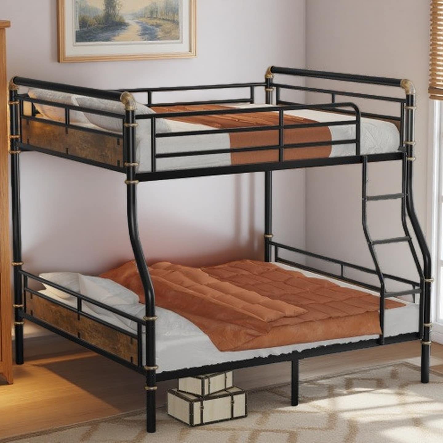 Full XL Over Queen Metal Bunk Bed with Ladder, Safety Guardrails & Rustic Wood Accents