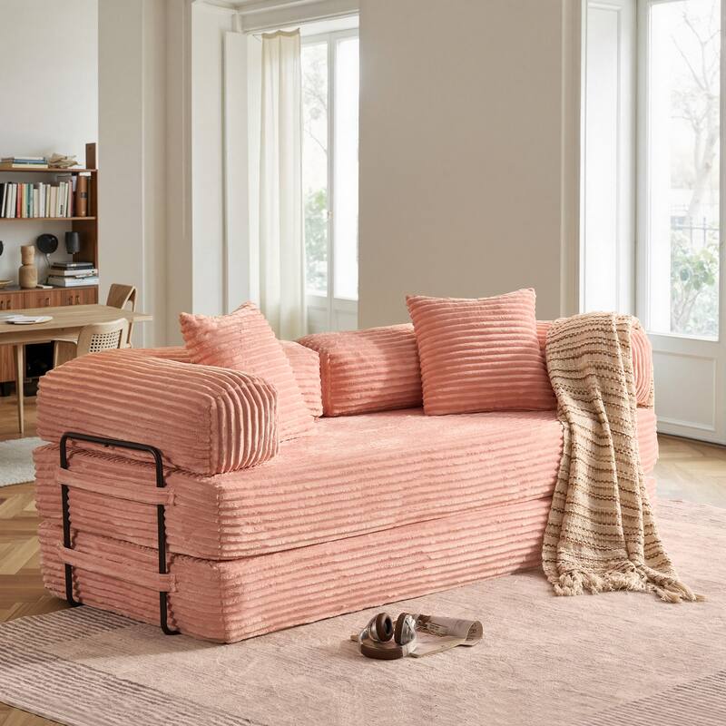 OVIOS Non-Aseembly Convertibe Modular Loveseat Sofa Bed - Plush-Pink
