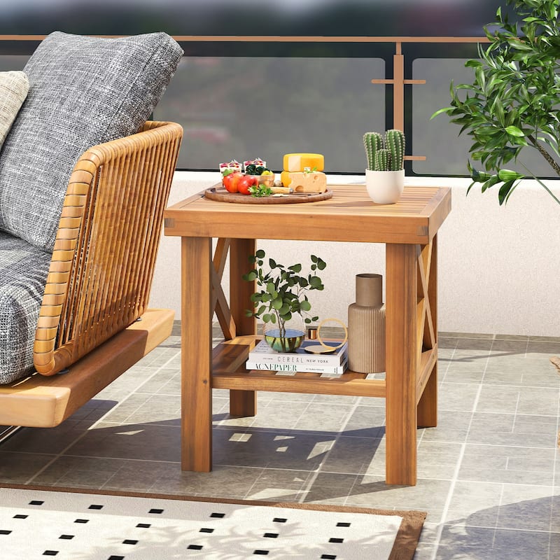 18" Acacia Wood Outdoor Side Table with Open Storage Shelf and X-Shaped Frames for Patio or Garden - 18" x 18" x 18"