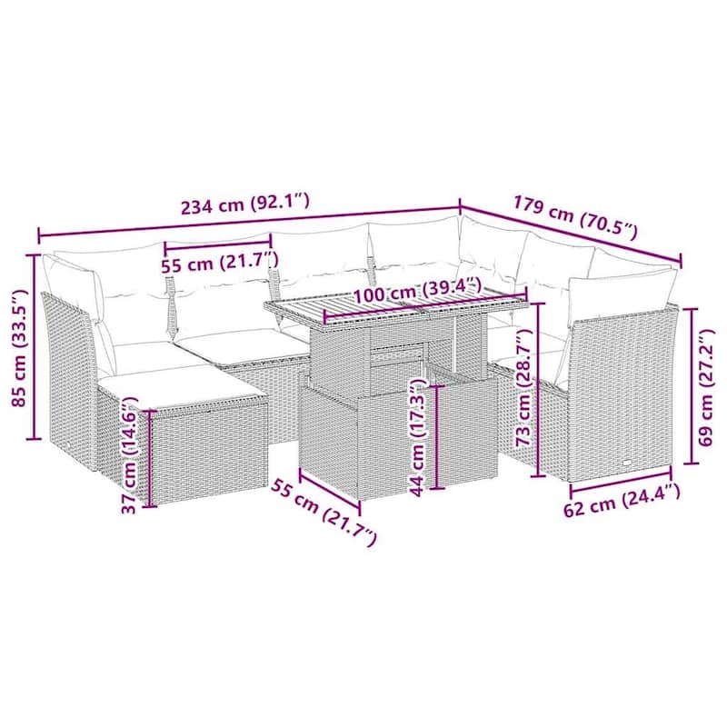 vidaXL Patio Sofa Set with Cushions Outdoor Furniture 8 Piece Poly Rattan - 21.7 x 39.4 x 28.7 in