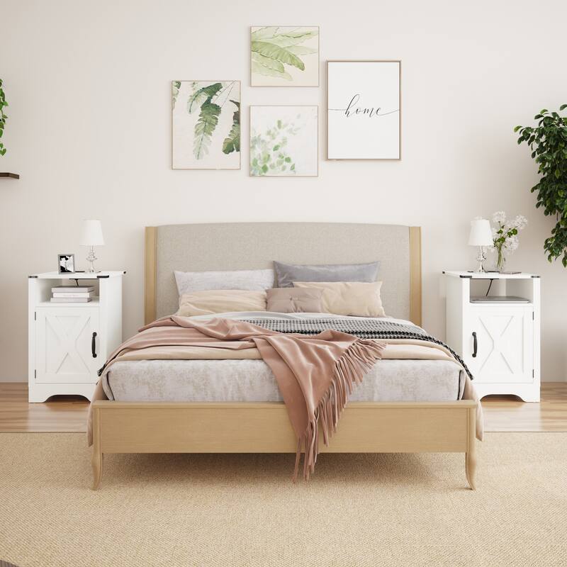 Farmhouse Nightstand Side Table, Wooden Rustic End Table, Tall Bedside Table with Electrical Outlets Charging Station(2 Sets)