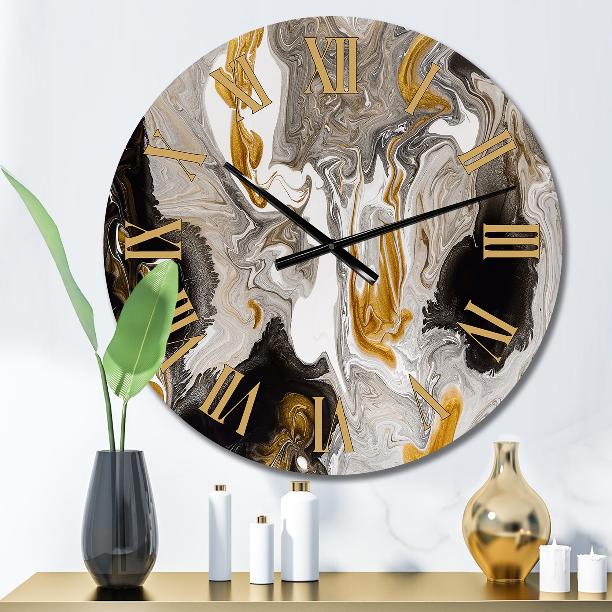Designart 'Gold And Black Marble Waves I' Modern wall clock