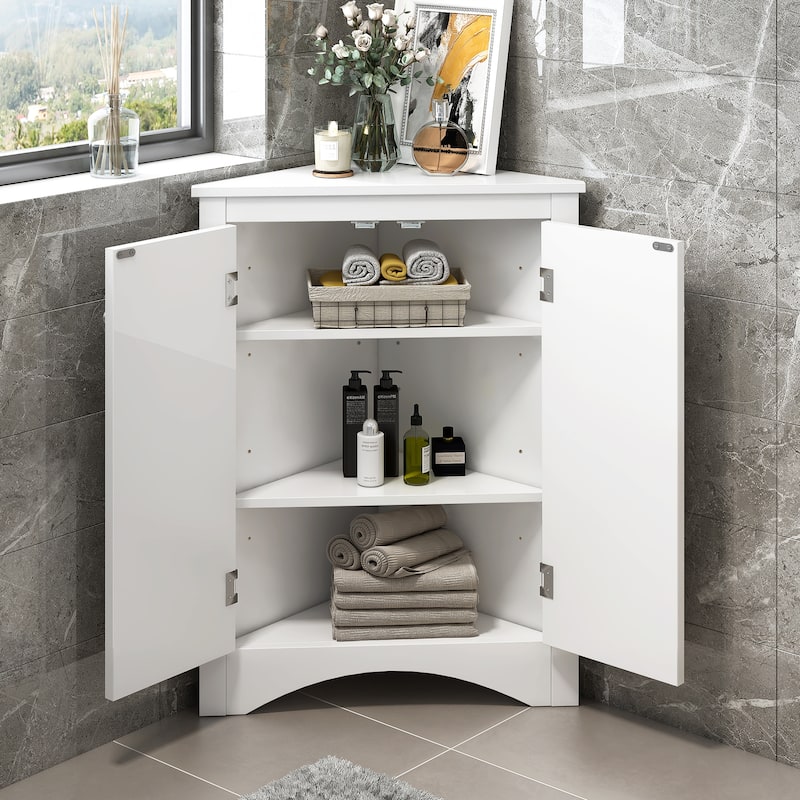 Triangle Bathroom Storage Cabinet with Adjustable Shelves, Freestanding Floor Cabinet Compact Bathroom Towel Cabinet