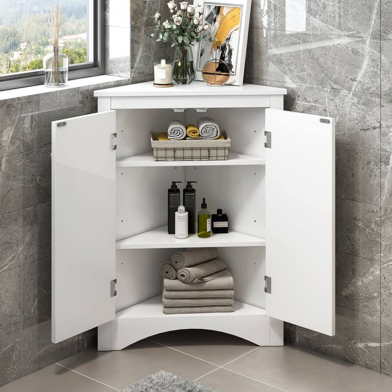 Triangle Corner Storage Cabinet, Freestanding Floor Cabinet, Double Door Bathroom Cabinet with 2 Tier Adjustable Shelves