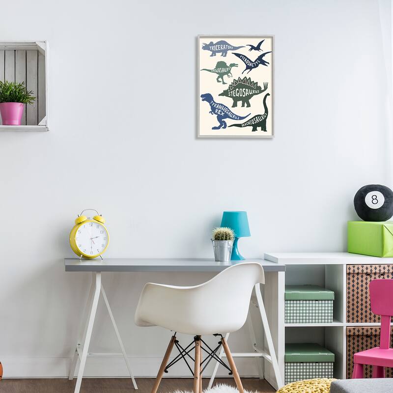 Stupell Simple Dinosaur Types Silhouette Names Diagram Framed Wall Art - Blue