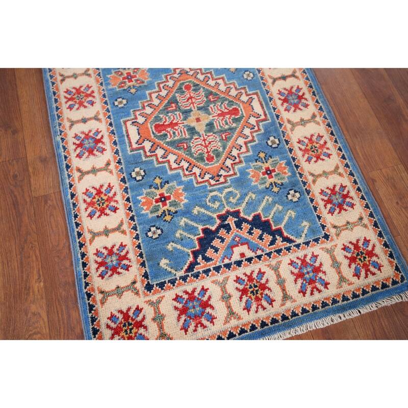 Blue Kazak Oriental Accent Rug Hand-Knotted Wool Carpet - 2'0" x 3'1"