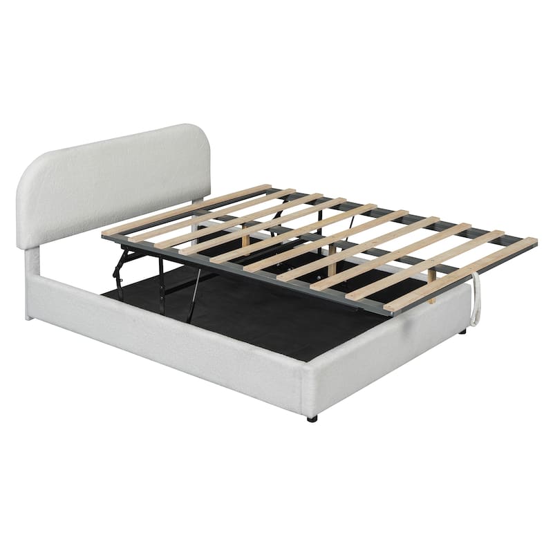 Teddy Fleece Full Size Upholstered Platform Bed with Hydraulic Storage System, White
