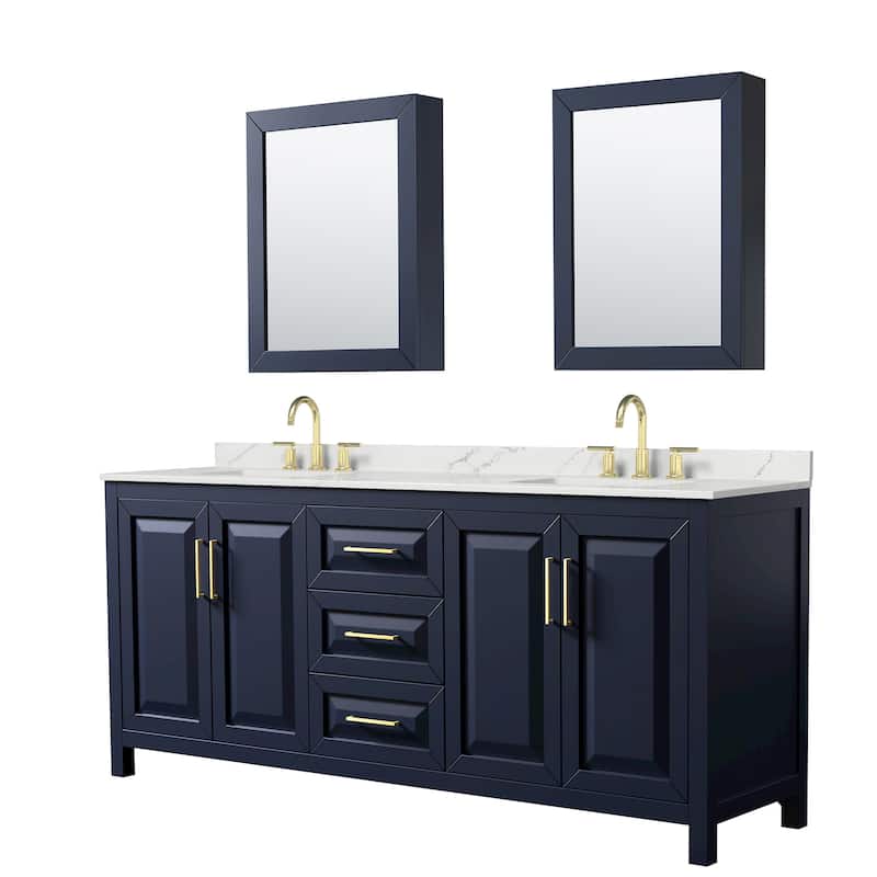 Wyndham Collection WCV252580D-QTZ-US3MED Daria 80" Free Standing - Dark Blue / Giotto Quartz Top / Brushed Gold