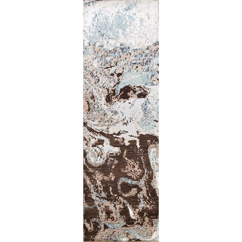 Wool/ Silk Vegetable Dye Modern Oriental Abstract Runner Rug Handmade - 2'7" x 9'11"