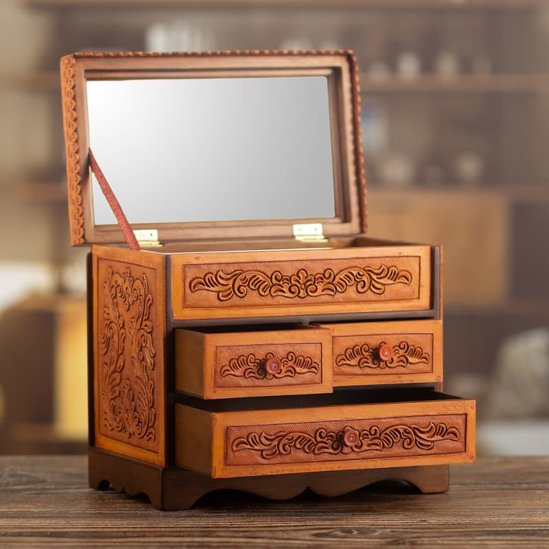 Novica Handmade Baroque Mysteries Wood And Leather Jewelry Box