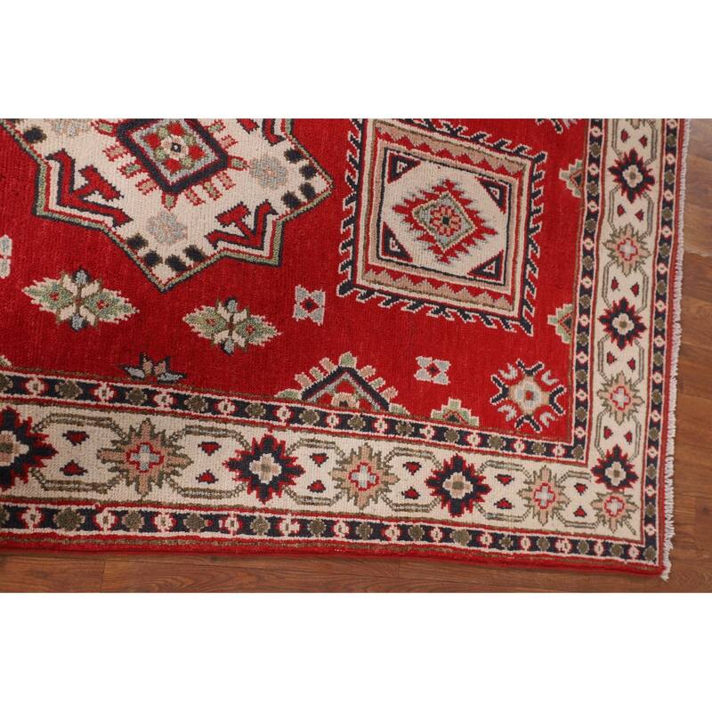 Red Geometric Kazak Oriental Foyer Rug Handmade Accent Wool Carpet - 3'3" x 5'9"