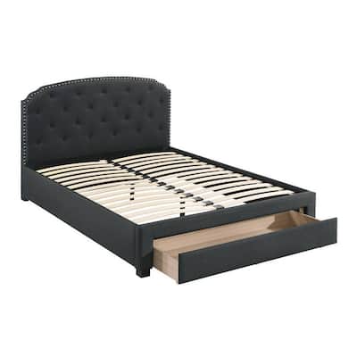 Nue Twin Upholstered Bed, Curved Tufted Headboard, Charcoal Gray Burlap