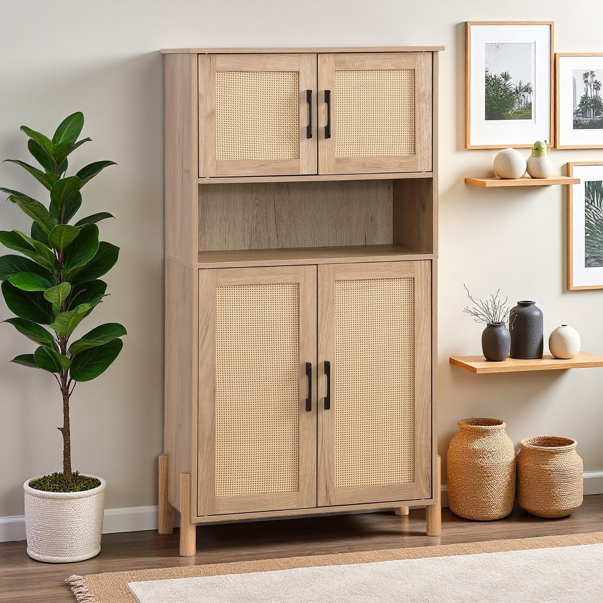 Mid-Century Modern 4-Door Storage Cabinet with Woven Rattan Doors & Adjustable Shelves for Living & Dining Rooms