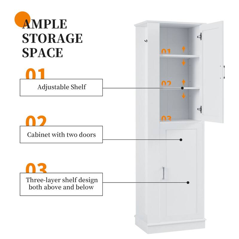 Freestanding Cabinet Tall Bathroom Storage Cabinet with Left or Right Hook, Adjustable Shelves and Anti-toppling Device