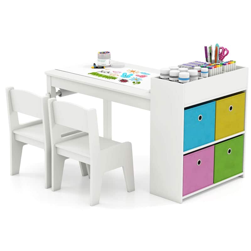 Costway Kids Art Table & Chairs Set with Paper Roll Wooden Craft Study - See Details - White
