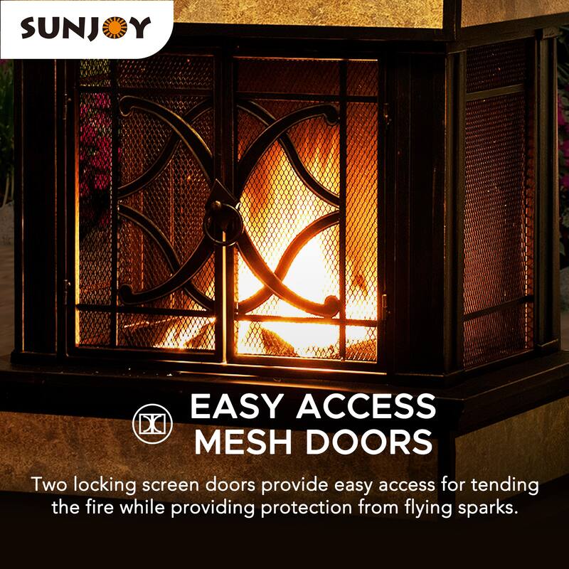 Sunjoy Smith Collection Outdoor Patio Wood Burning Steel Fireplace with Chimney, Spark Screen, Fire Poker, and Removable Grate