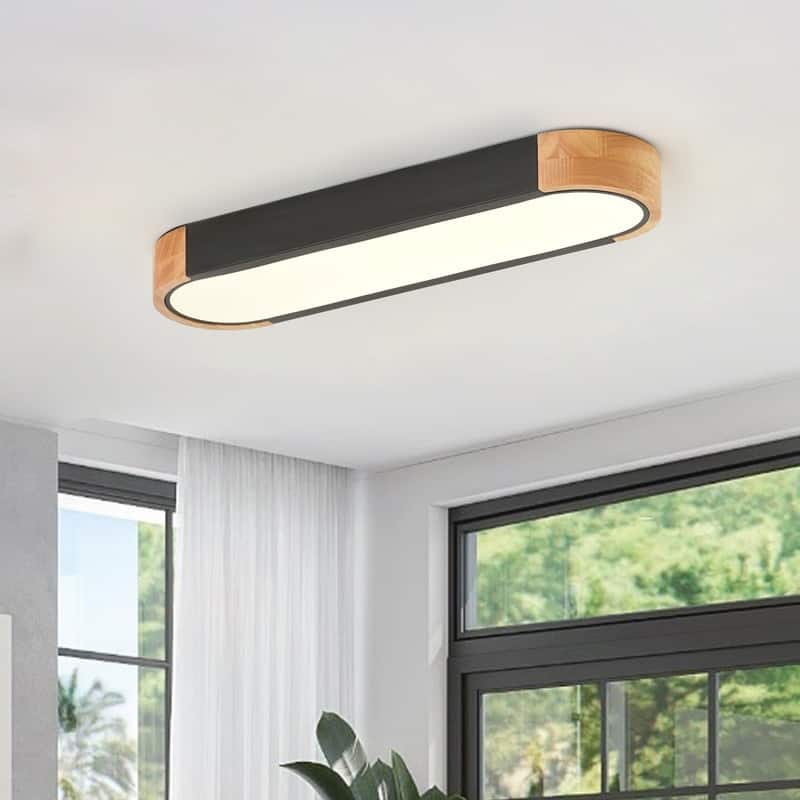 Modern Wood Grain Linear Flush Mount Ceiling Light Matte White LED Fixture for Bedroom Living Room Kitchen