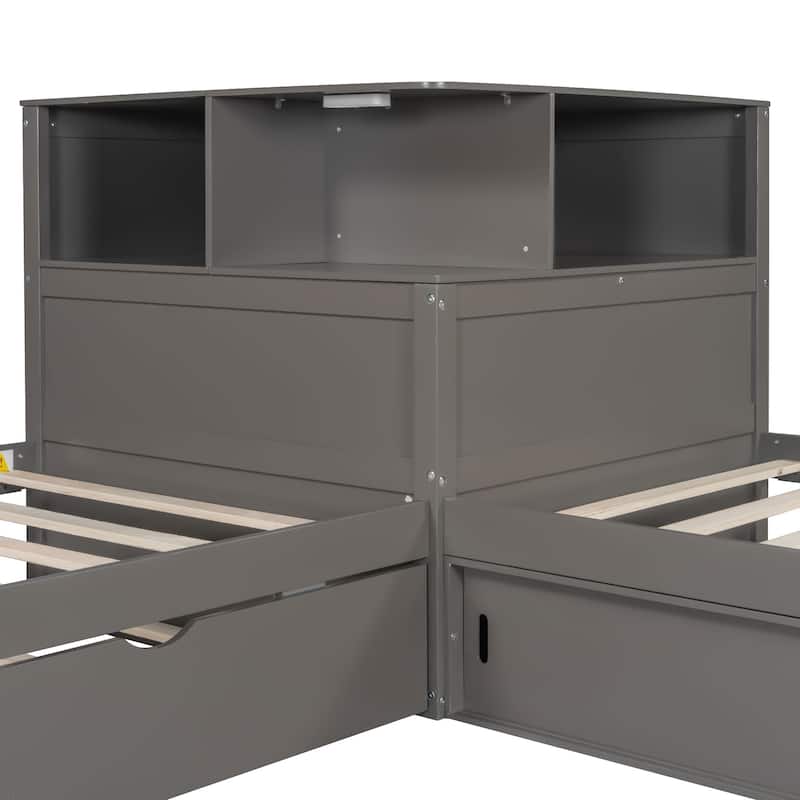 Roomfitters Twin L-Shaped Platform Bed with Trundle, Storage Cabinets and LED Desk