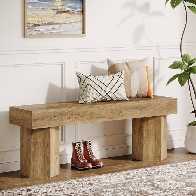 41" Farmhouse Wooden Entryway Bench, Indoor End of Bed Bench - 41.43" W x 11.81" D x 17.72" H - Light Oak Brown