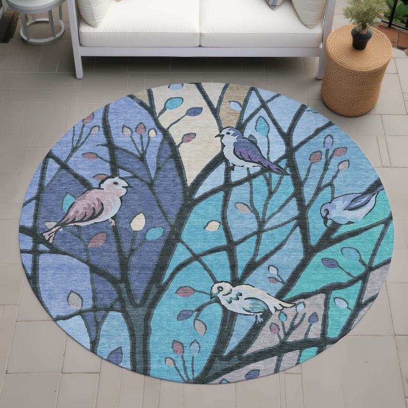 Machine Washable Indoor/ Outdoor Bird Mosaic Chantille Rug - Blue - 8' x 8'
