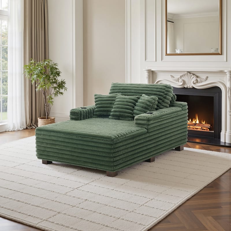 Indoor Oversized Plush Chaise Lounge with Pillows and Cup Holder