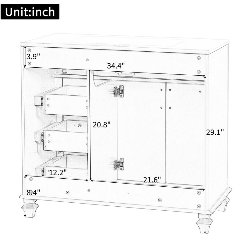 36" Bathroom Vanity with Sink, Storage Vanity Cabinet with Flip-Out Drawer, 3 Drawers, 2 Soft-Close Doors and Gold Handles