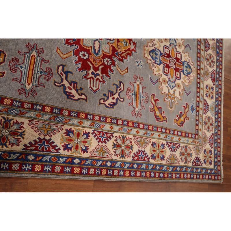 Geometric Kazak Rug Hand-Knotted Grey Traditional Wool Carpet - 5'10" x 8'4"