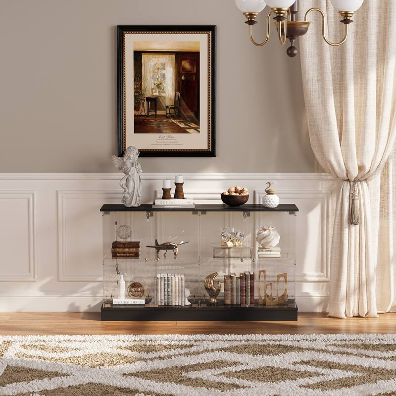 Black Bookcase Glass Display Cabinet with LED Lights, Modern Storage Showcase for Bags, Shoes, Liquor & Collectibles