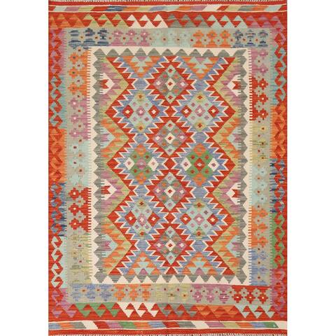 Geometric Kilim Oriental Southwestern Area Rug Flat-weave Wool Carpet - 5'2"x 6'10"