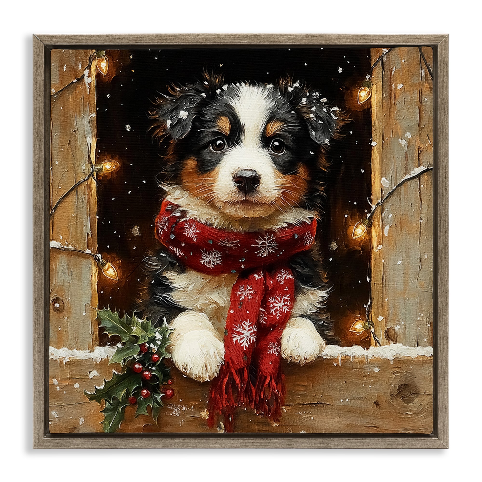 Stupell Snowy Christmas Lights Puppy Framed Floater Canvas Wall Art Design By Riley B