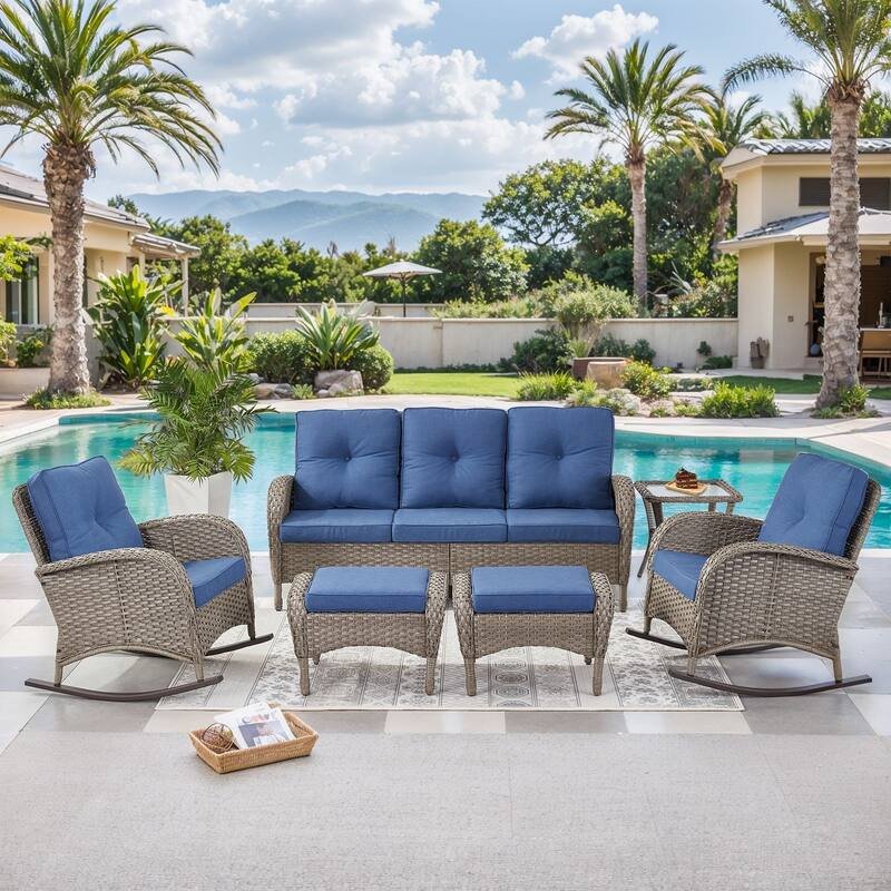 6-Piece Sofa with Rocking Chairs Ottomans Set - Grey - Blue