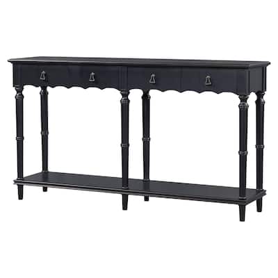 Tyra 63 Inch Console Sideboard Table, Grooved 4 Drawers, Turned Legs, Black