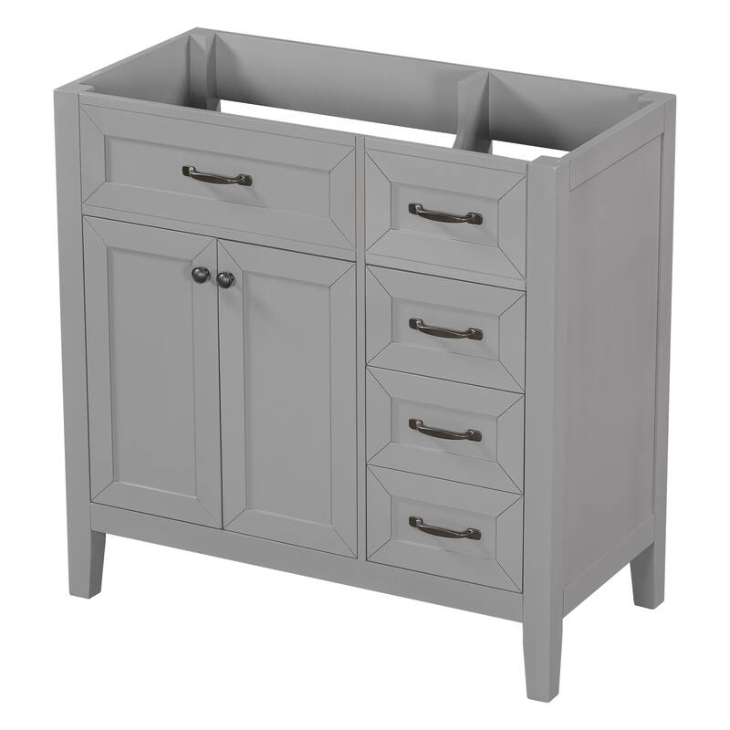 36" Modern White Bathroom Vanity Cabinet Base, 2 Doors & 3 Drawers, Solid Rubber Wood & MDF