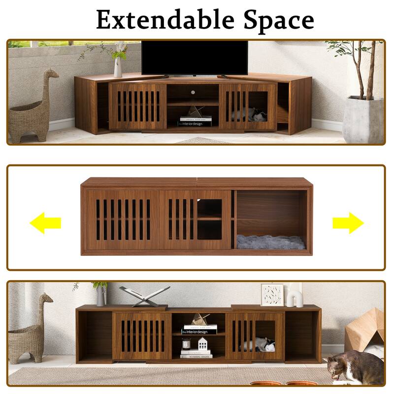 Medieval-Style Modern Extendable TV Stand with Sliding Door, Cat House and Litter Box Enclosure, for Living Rooms