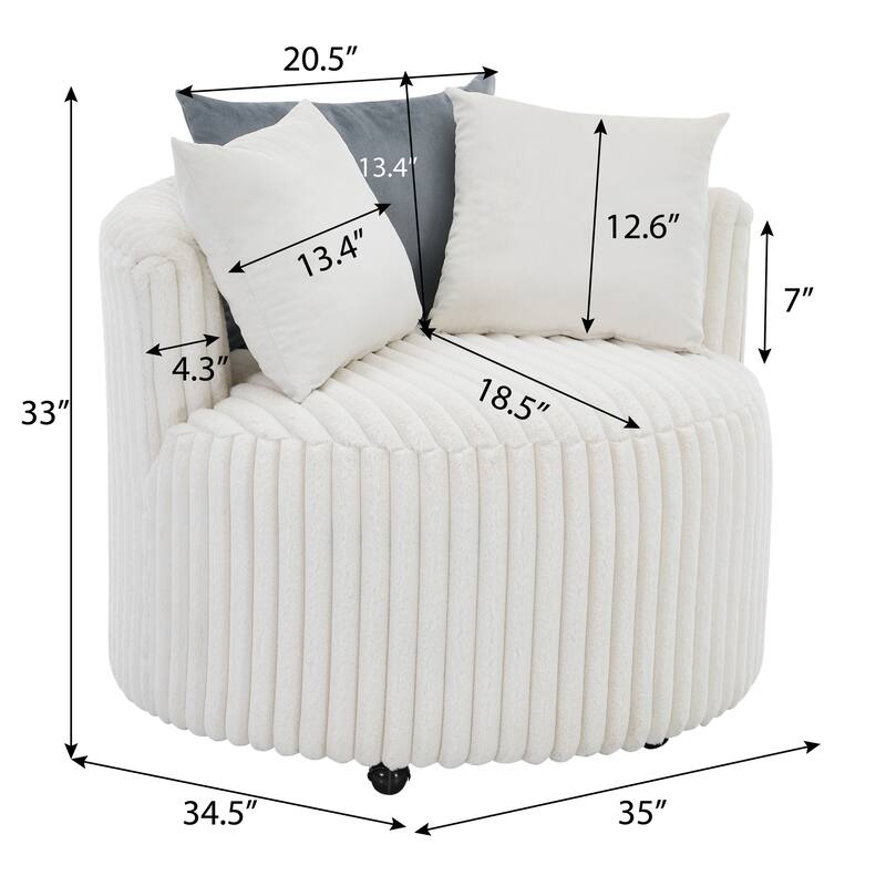 Plush Wide Wale Corduroy Upholstered Barrel Accent Chair with Wheels, Off-white