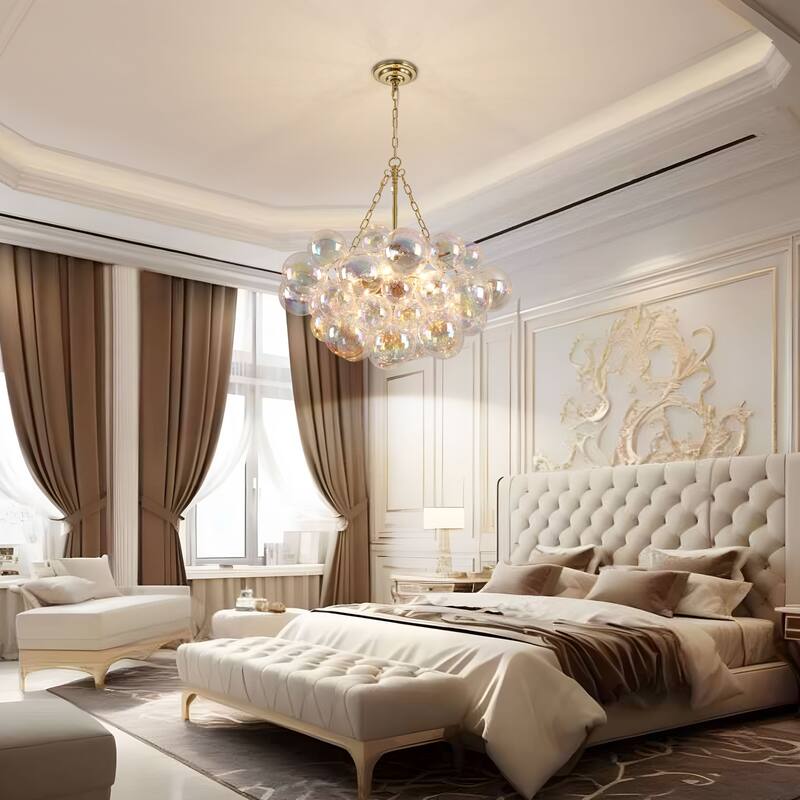 Starsky 6-Light lridescent Bubble Glass Globe chandelier, Hand-Blown Colorful cluster Light, Adjustable Height, Gold or Nickel