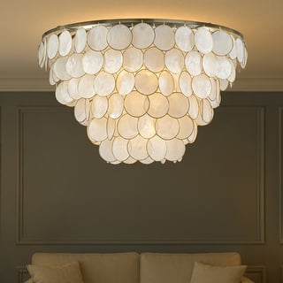 Wide Modern Coastal Aged Bronze Natural Capiz Shell Tiered Flush Mount Vintage Glam Ceiling Light For Living Room