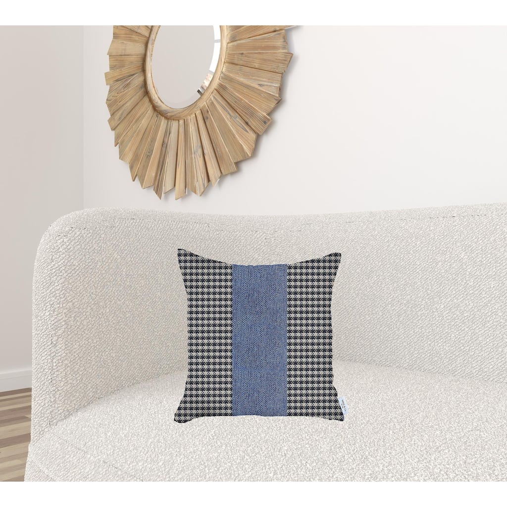 HomeRoots 18" X 18" White And Blue Houndstooth Zippered Handmade Polyester Throw Pillow Cover