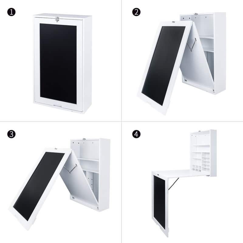 Utopia Alley Collapsible Fold Down Desk Table with Storage Cabinet & Shelves - Wall Mounted Desk Furniture with Chalkboard Wall