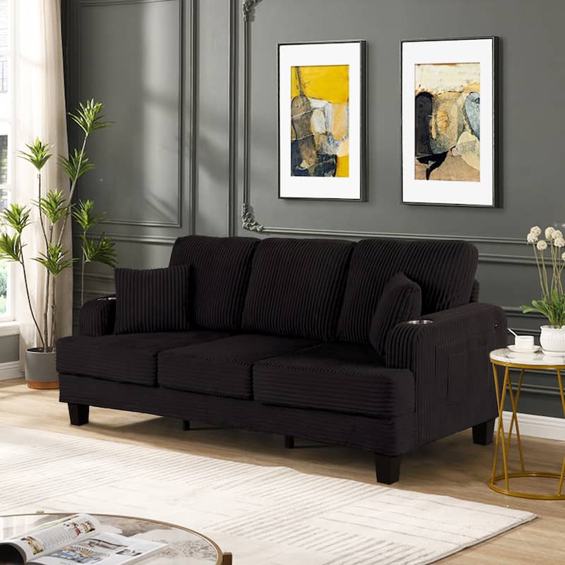 85" Modern Corduroy Rectangle 3-seater Sofa with USB and 2 Pillows