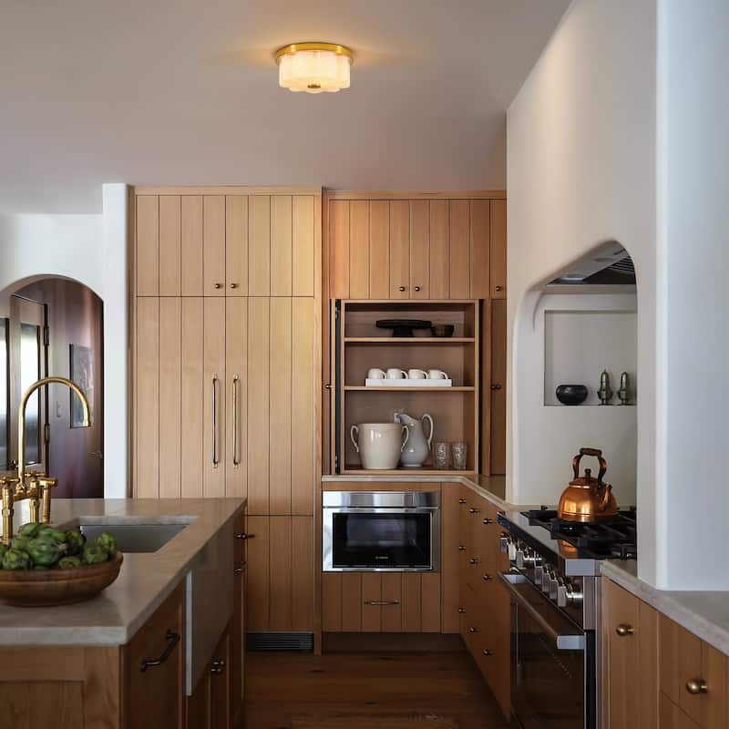 1-Light Brushed Gold Trim Flower-Shaped Frosted Glass LED Flush Mount with 5-Step Dimming for Bedroom & Hallway