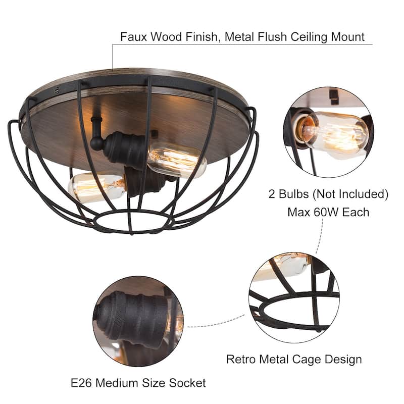 Modern Industrial 2-Light Flush Mount Metal Cage Ceiling Light - D14.5" * H6.3"