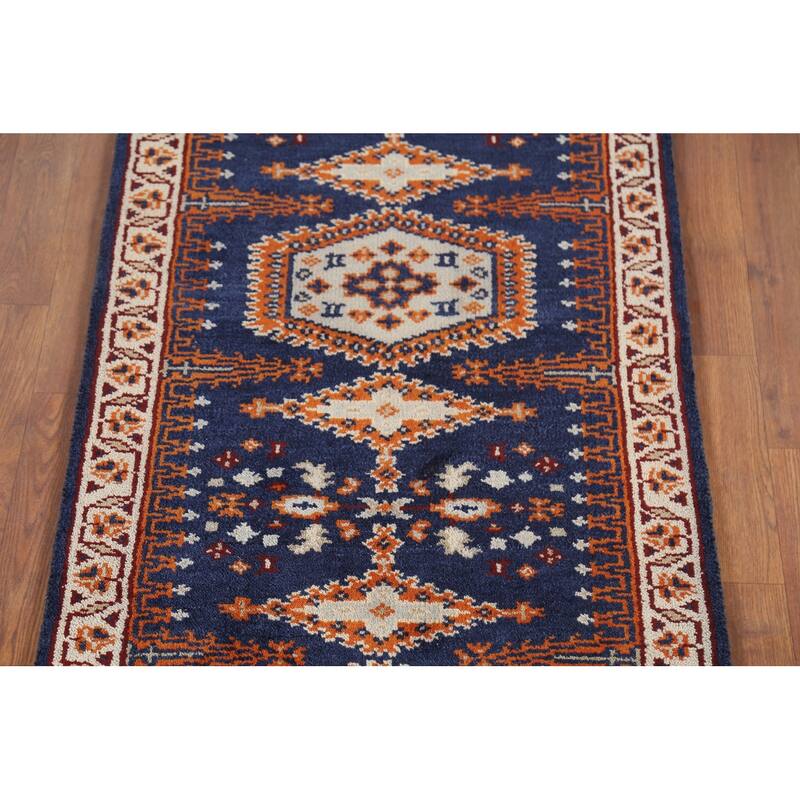 Blue Geometric Viss Oriental Runner Rug Handmade Wool Carpet - 2'7"x 7'10"