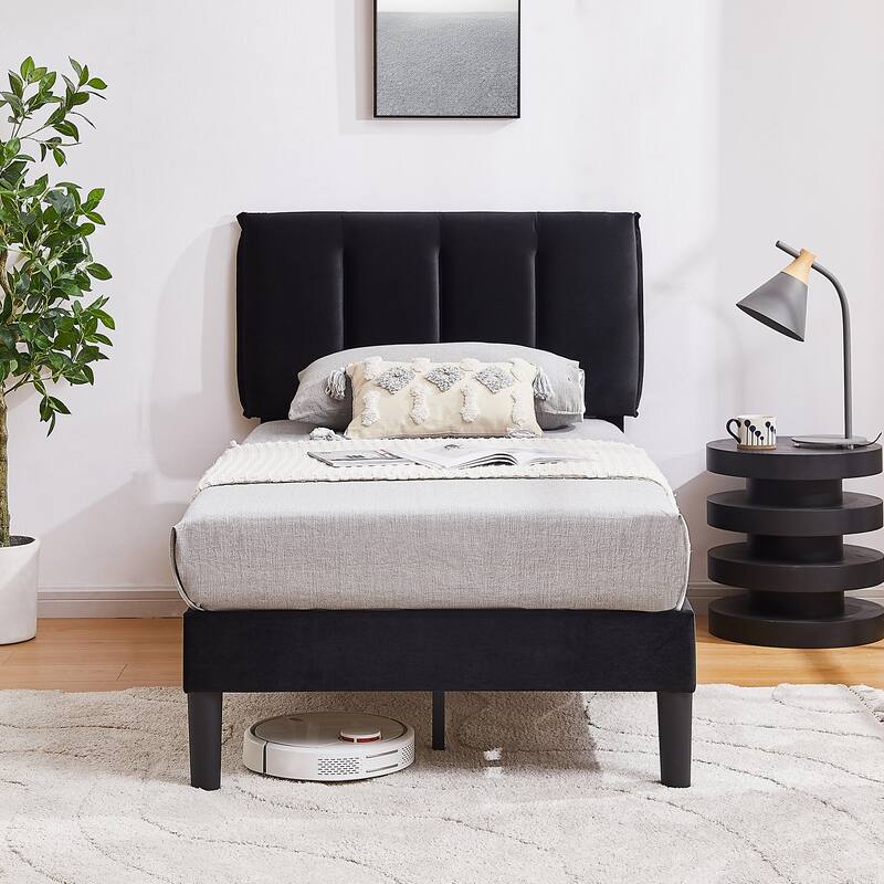 Upholstered Velvet Upholstered Bed Frame with Adjustable Height Headboard No Box Spring Needed Platform Bed Under Bed Storage