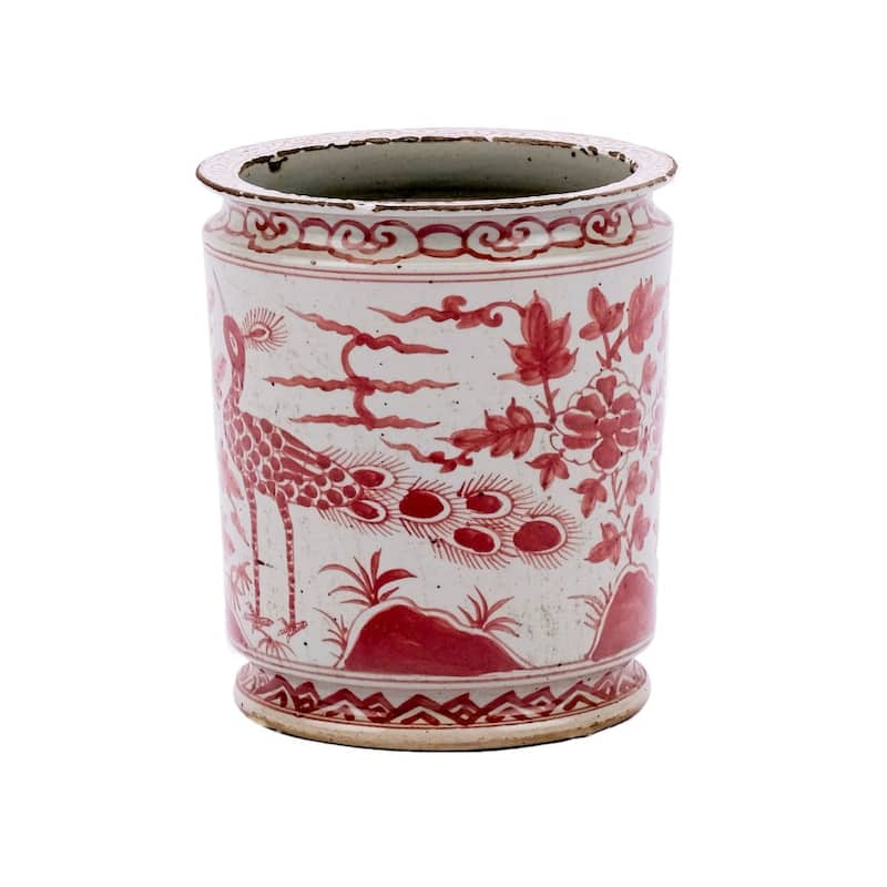 Coral Red Orchid Pot Bird Motif