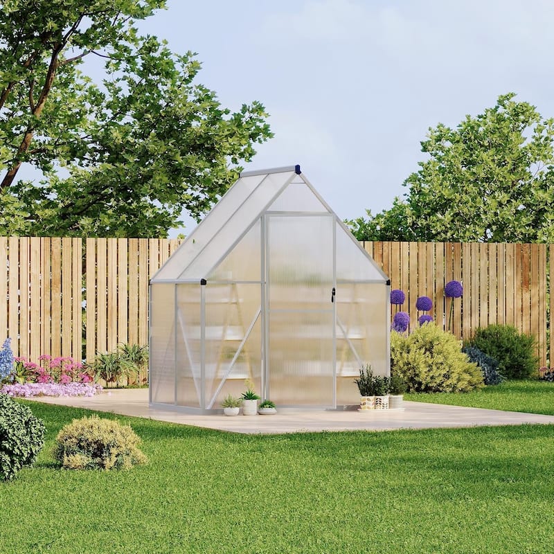 6 x 4 ft Greenhouse, Polycarbonate Walk-in Greenhouse with Aluminum Frame Sliver - 6*4FT - 6*4FT