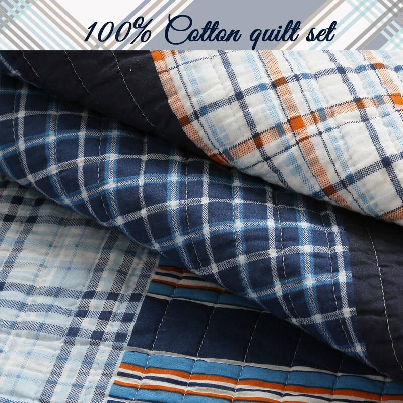 Cozy Line Navy Orange Stripe Reversible Cotton Quilt Bedding Set