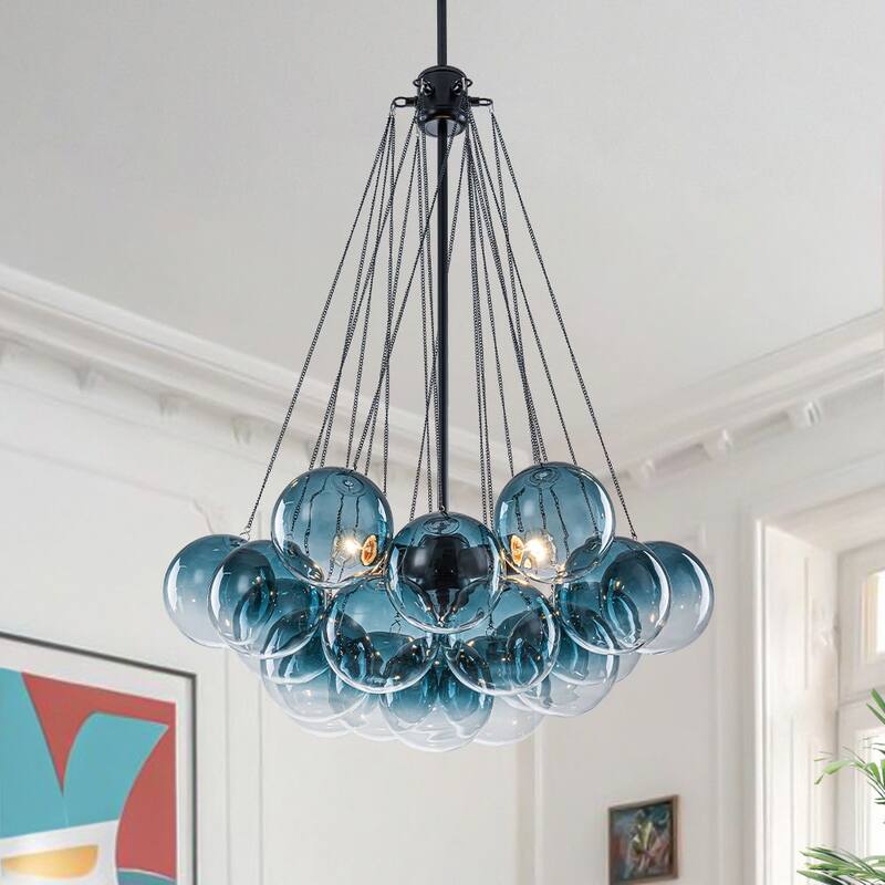 Dramatic 3-Light Gradient Transparent Glass Bubble Chandelier - 15.7 in - Ocean Blue